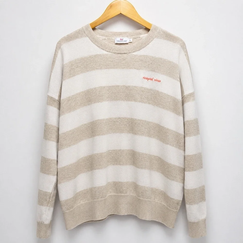 Vineyard Vines Women's XL Striped Crewneck Sweater Beige White Cotton Blend - Picture 2 of 8